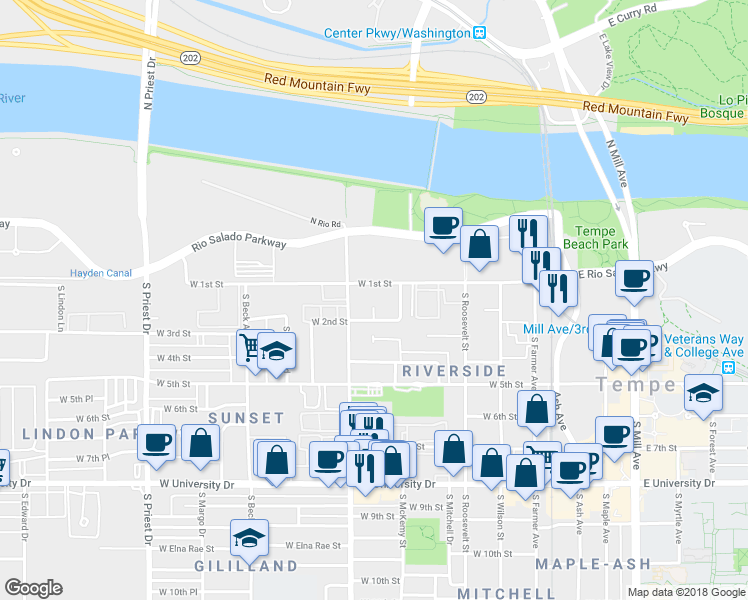 map of restaurants, bars, coffee shops, grocery stores, and more near 777 South College Avenue in Tempe
