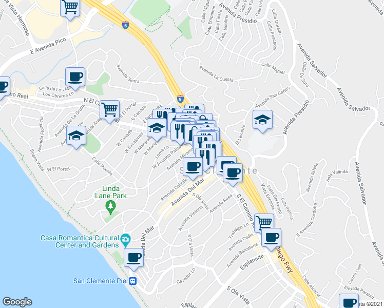 map of restaurants, bars, coffee shops, grocery stores, and more near 106 Avenida Miramar in San Clemente