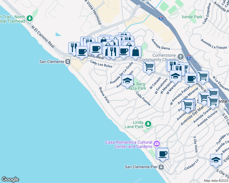 map of restaurants, bars, coffee shops, grocery stores, and more near 230 Avenida Pelayo in San Clemente