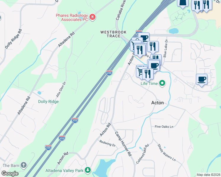 map of restaurants, bars, coffee shops, grocery stores, and more near 2850 Acton Road in Vestavia Hills