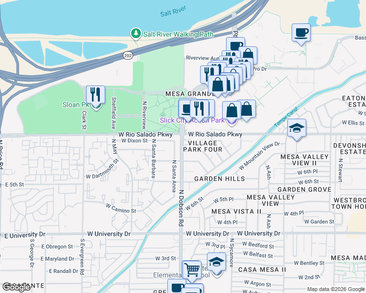 map of restaurants, bars, coffee shops, grocery stores, and more near in Mesa