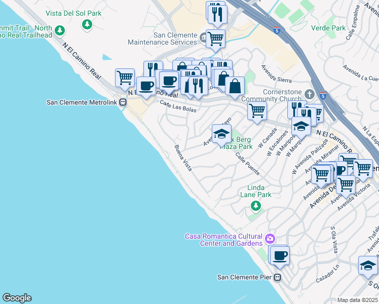 map of restaurants, bars, coffee shops, grocery stores, and more near 239 Avenida Pelayo in San Clemente