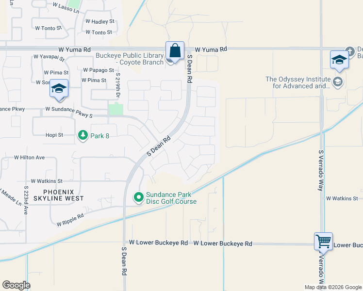 map of restaurants, bars, coffee shops, grocery stores, and more near 21680 West Durango Street in Buckeye