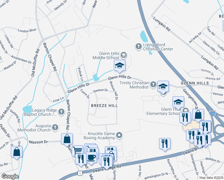 map of restaurants, bars, coffee shops, grocery stores, and more near 3102 Keesha Court in Augusta