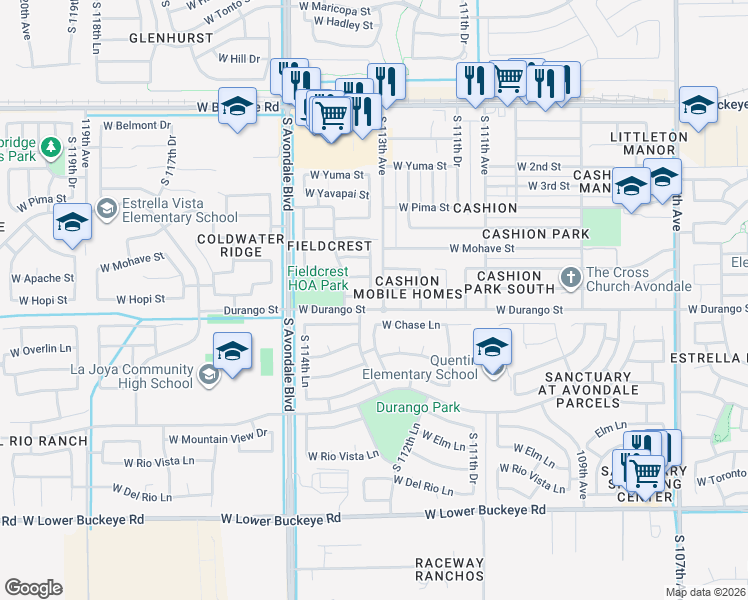 map of restaurants, bars, coffee shops, grocery stores, and more near 11351 West Hopi Street in Avondale