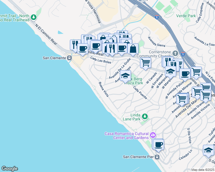 map of restaurants, bars, coffee shops, grocery stores, and more near 241 Avenida Pelayo in San Clemente
