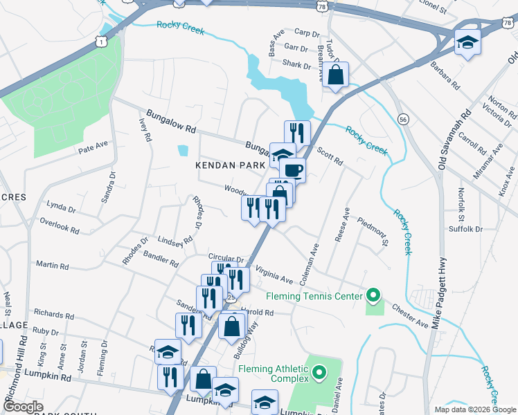 map of restaurants, bars, coffee shops, grocery stores, and more near 2236 Woodward Avenue in Augusta