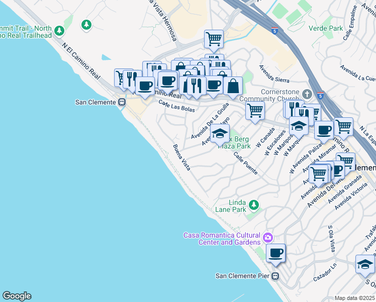 map of restaurants, bars, coffee shops, grocery stores, and more near 239 Avenida Pelayo in San Clemente