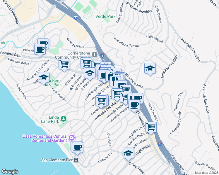 map of restaurants, bars, coffee shops, grocery stores, and more near 106 Avenida Miramar in San Clemente