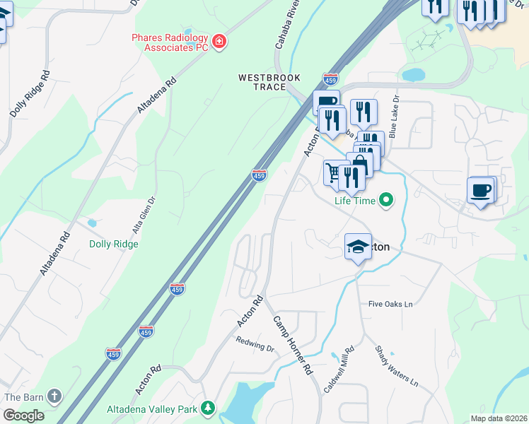 map of restaurants, bars, coffee shops, grocery stores, and more near 2850 Acton Road in Vestavia Hills