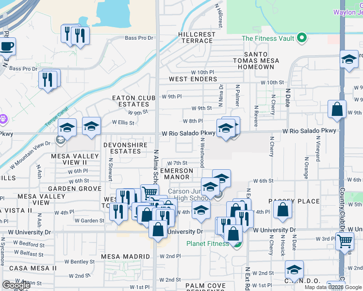 map of restaurants, bars, coffee shops, grocery stores, and more near 1059 West Dixon Street in Mesa