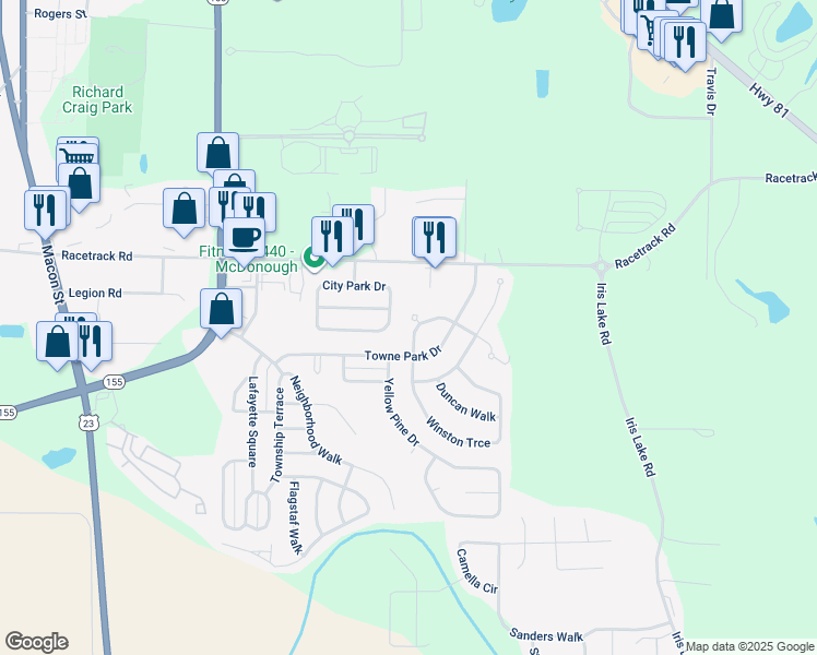 map of restaurants, bars, coffee shops, grocery stores, and more near 2000 Village Run Drive in McDonough