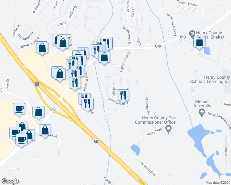 map of restaurants, bars, coffee shops, grocery stores, and more near 252 Village Drive in McDonough