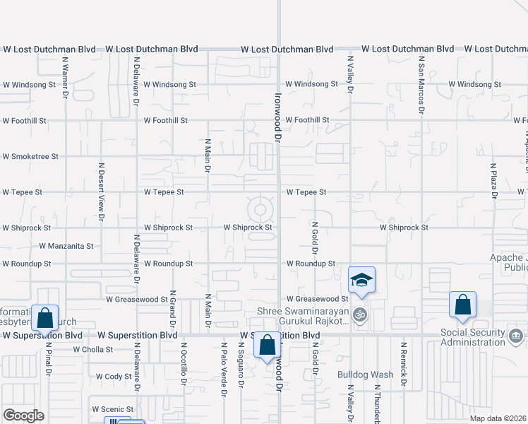 map of restaurants, bars, coffee shops, grocery stores, and more near 1700 West Shiprock Street in Apache Junction