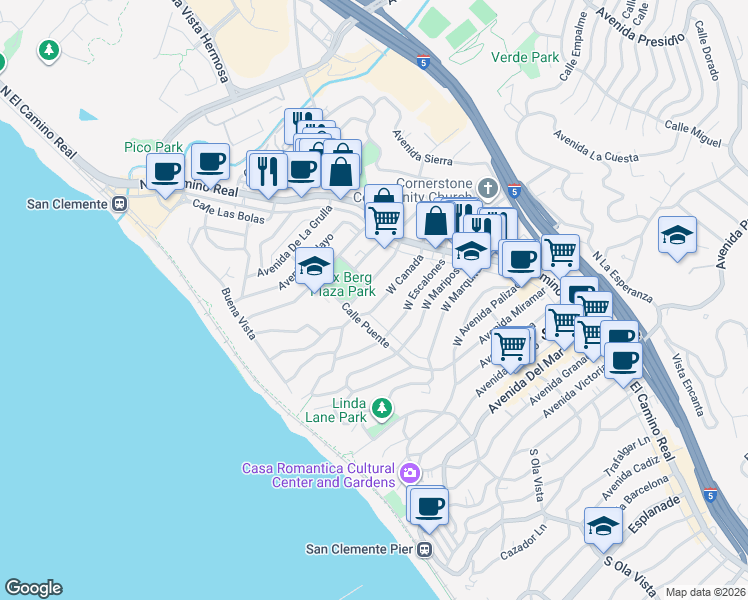 map of restaurants, bars, coffee shops, grocery stores, and more near 142 West Canada in San Clemente