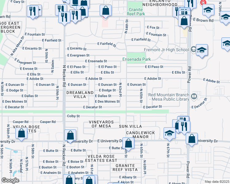 map of restaurants, bars, coffee shops, grocery stores, and more near 6330 East Dodge Street in Mesa