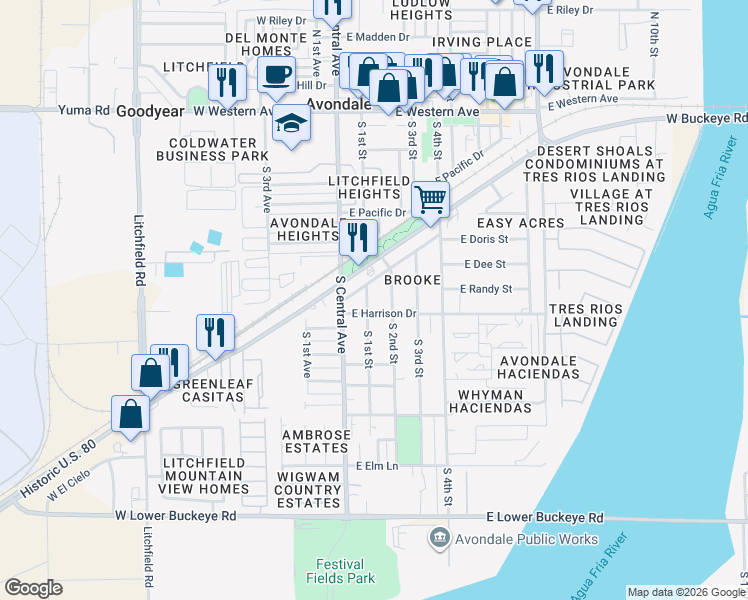 map of restaurants, bars, coffee shops, grocery stores, and more near 600 South 1st Street in Avondale
