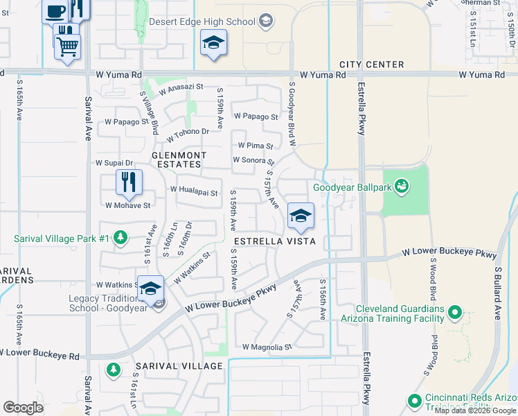 map of restaurants, bars, coffee shops, grocery stores, and more near 15834 West Mohave Street in Goodyear
