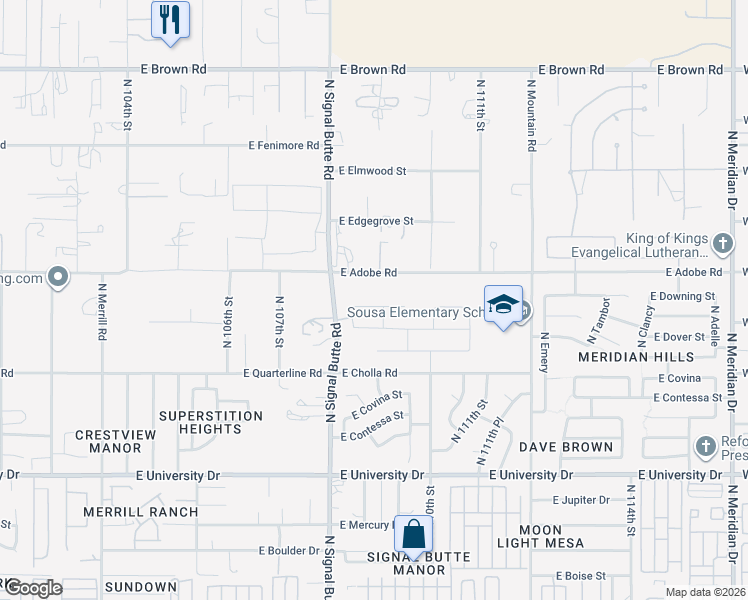 map of restaurants, bars, coffee shops, grocery stores, and more near 10905 East Adobe Road in Mesa
