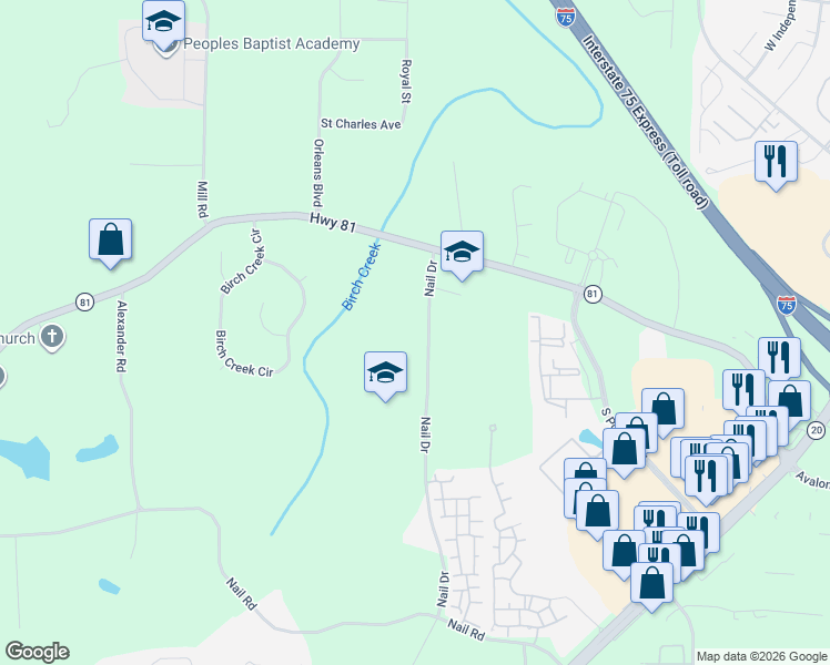map of restaurants, bars, coffee shops, grocery stores, and more near 103 Nail Drive in McDonough