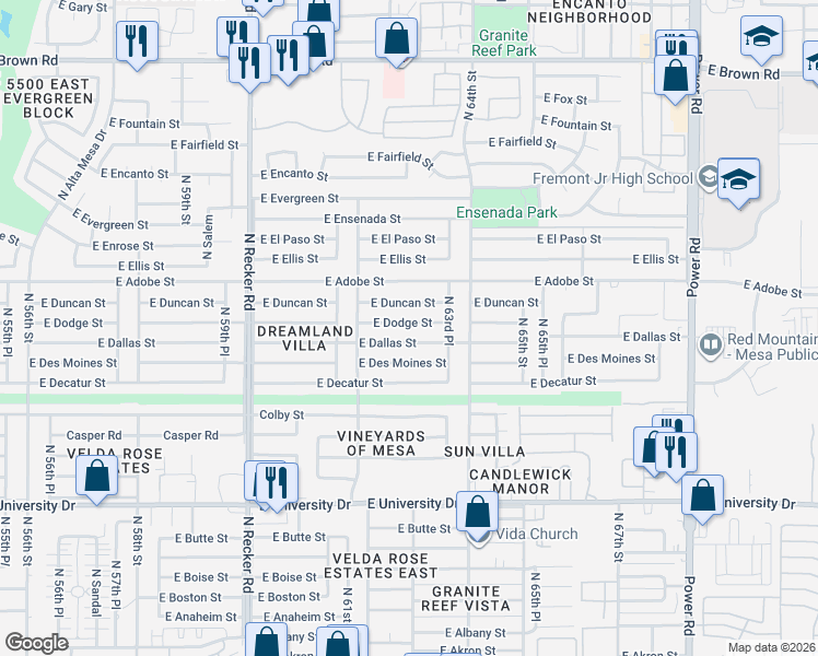 map of restaurants, bars, coffee shops, grocery stores, and more near 6250 East Dodge Street in Mesa