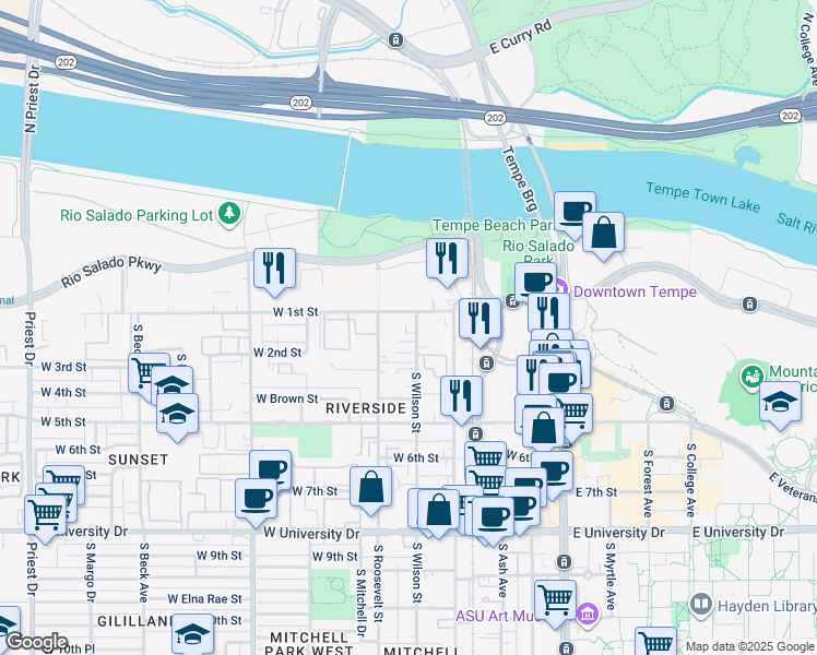 map of restaurants, bars, coffee shops, grocery stores, and more near 513 West 1st Street in Tempe