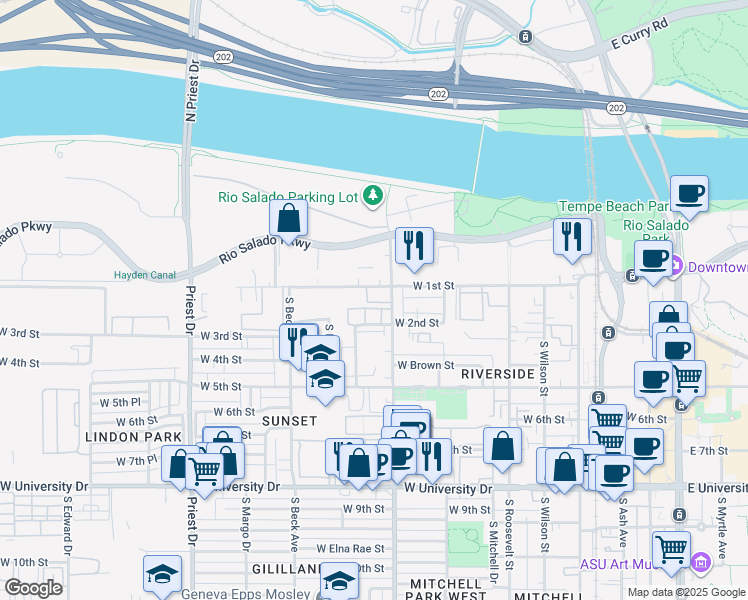 map of restaurants, bars, coffee shops, grocery stores, and more near in Tempe