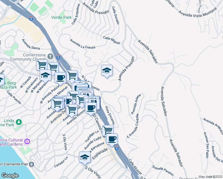 map of restaurants, bars, coffee shops, grocery stores, and more near 170 Avenida Presidio in San Clemente