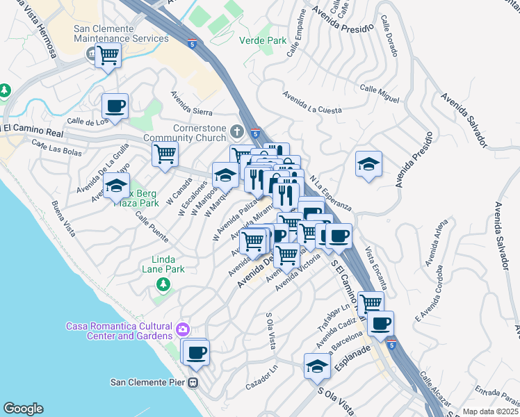 map of restaurants, bars, coffee shops, grocery stores, and more near 106 Avenida Miramar in San Clemente