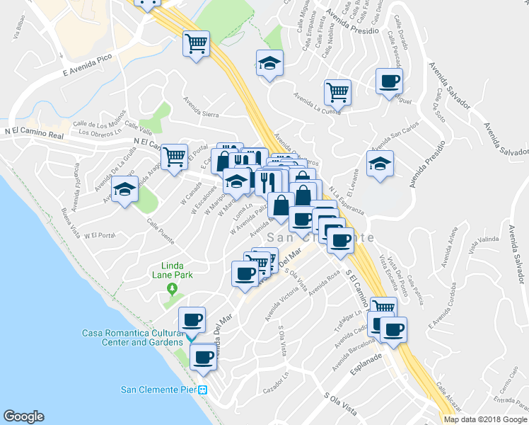 map of restaurants, bars, coffee shops, grocery stores, and more near 109 Loma Lane in San Clemente