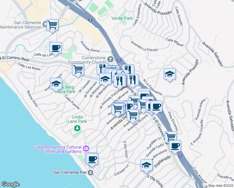 map of restaurants, bars, coffee shops, grocery stores, and more near 109 Loma Lane in San Clemente