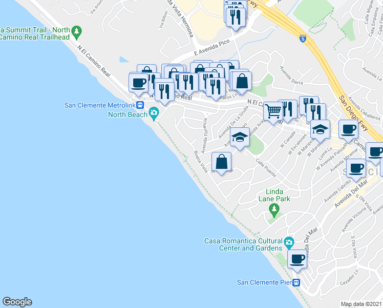 map of restaurants, bars, coffee shops, grocery stores, and more near 1501 Buena Vista in San Clemente