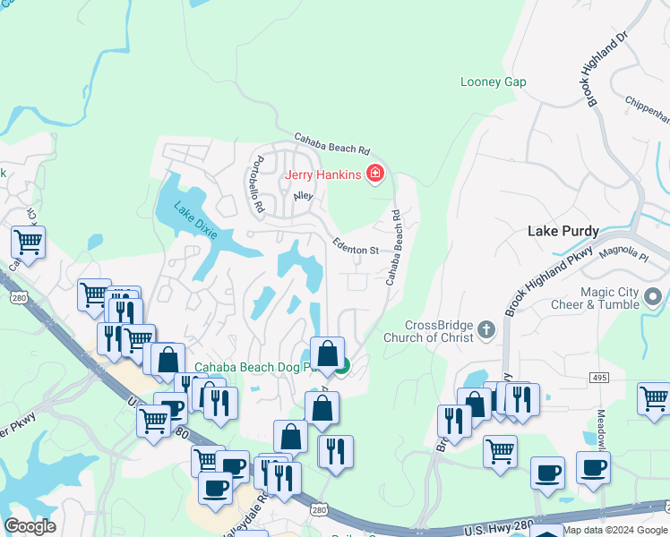 map of restaurants, bars, coffee shops, grocery stores, and more near 1104 Barristers Court in Birmingham