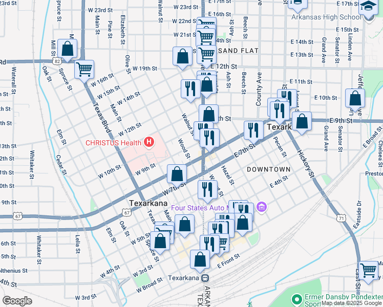 map of restaurants, bars, coffee shops, grocery stores, and more near 817 Walnut Street in Texarkana