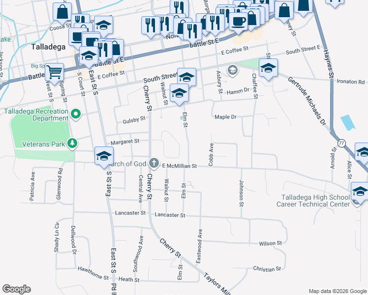 map of restaurants, bars, coffee shops, grocery stores, and more near 341 Moorefield Drive in Talladega