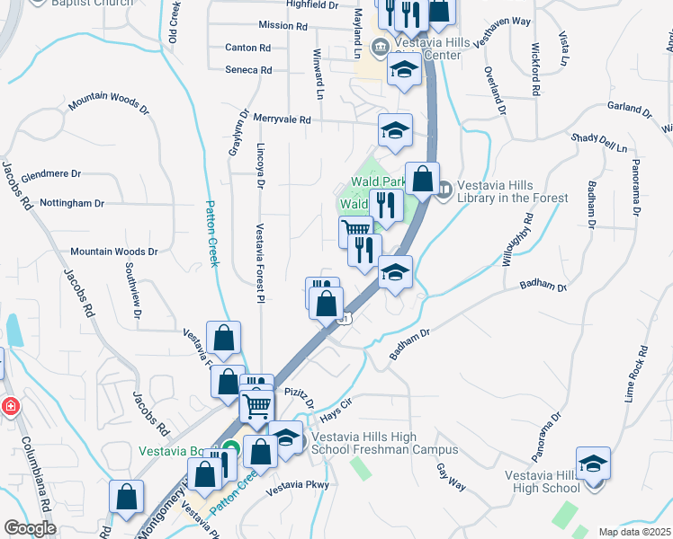 map of restaurants, bars, coffee shops, grocery stores, and more near 2600 Cobble Hill Way in Vestavia Hills