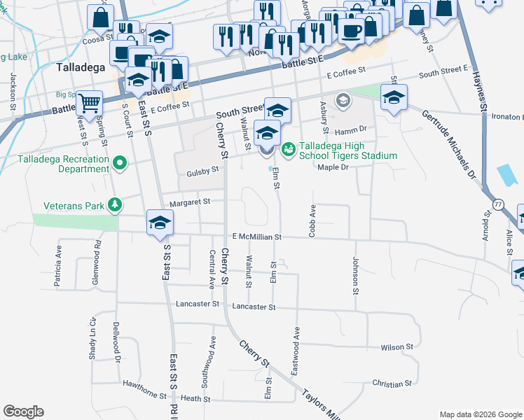 map of restaurants, bars, coffee shops, grocery stores, and more near 345 Moorefield Drive in Talladega
