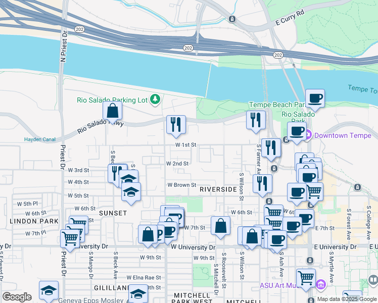 map of restaurants, bars, coffee shops, grocery stores, and more near 706 West 1st Street in Tempe