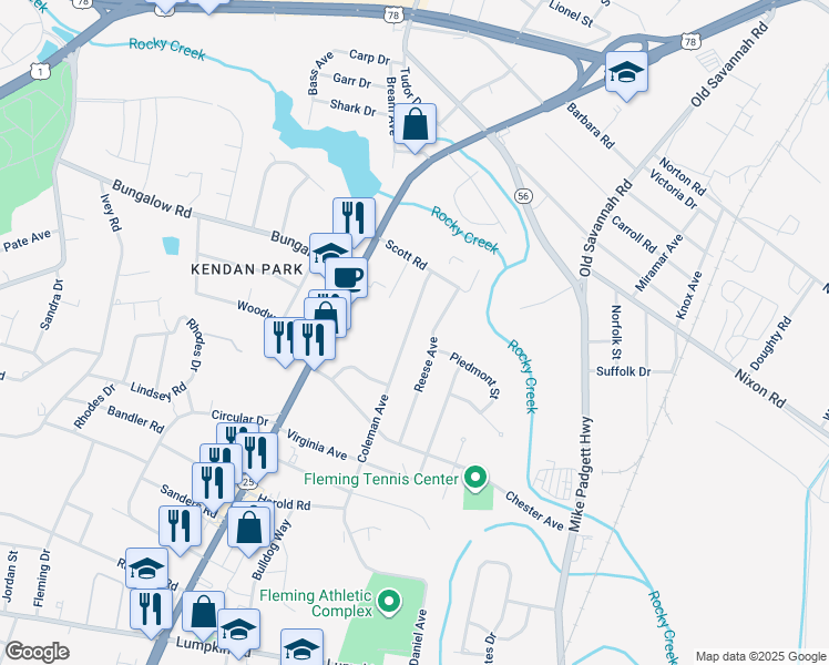 map of restaurants, bars, coffee shops, grocery stores, and more near 2490 Coleman Avenue in Augusta
