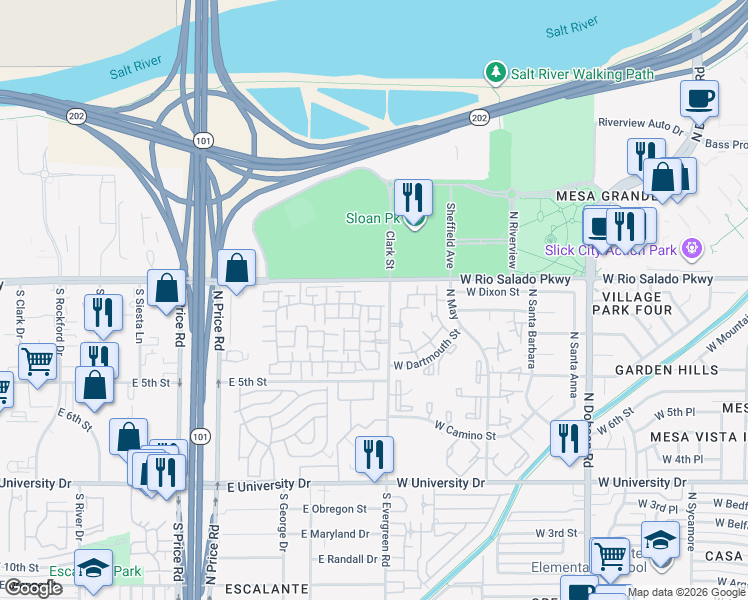 map of restaurants, bars, coffee shops, grocery stores, and more near West Rio Salado Parkway in Mesa