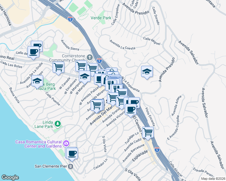 map of restaurants, bars, coffee shops, grocery stores, and more near 2 Avenida Serra in San Clemente