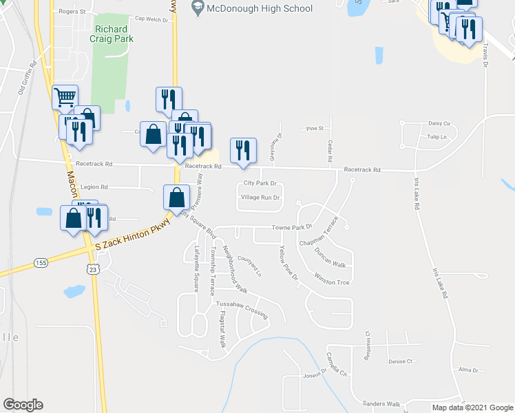 map of restaurants, bars, coffee shops, grocery stores, and more near 710 City Park Drive in McDonough