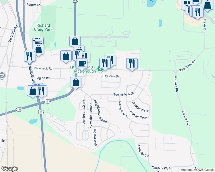 map of restaurants, bars, coffee shops, grocery stores, and more near 740 City Park Drive in McDonough