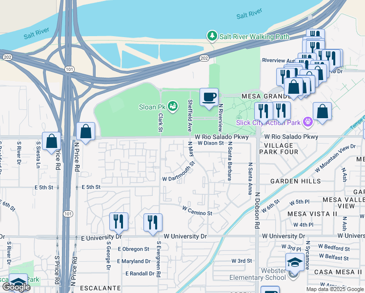 map of restaurants, bars, coffee shops, grocery stores, and more near 711 North Evergreen Road in Mesa