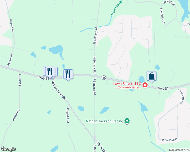 map of restaurants, bars, coffee shops, grocery stores, and more near 4 North Bethany Road in McDonough