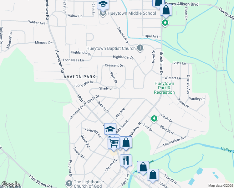 map of restaurants, bars, coffee shops, grocery stores, and more near 2052 Shady Lane in Bessemer