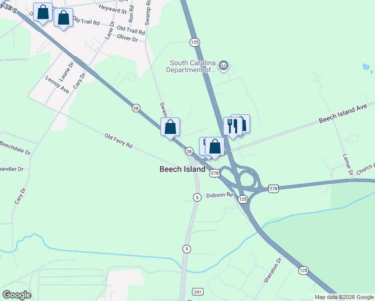 map of restaurants, bars, coffee shops, grocery stores, and more near 1661 Sand Bar Ferry Road in Beech Island