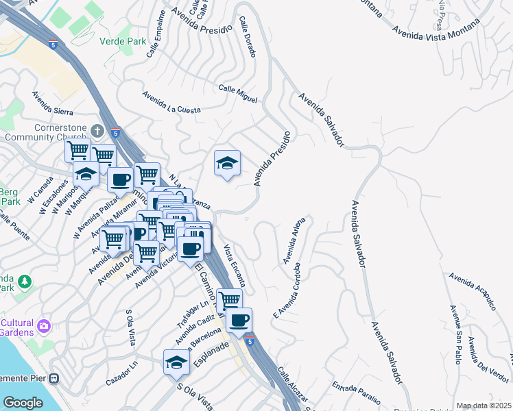 map of restaurants, bars, coffee shops, grocery stores, and more near 170 Avenida Presidio in San Clemente