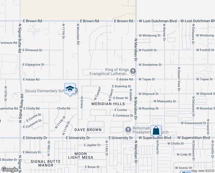 map of restaurants, bars, coffee shops, grocery stores, and more near 11362 East Downing Circle in Mesa