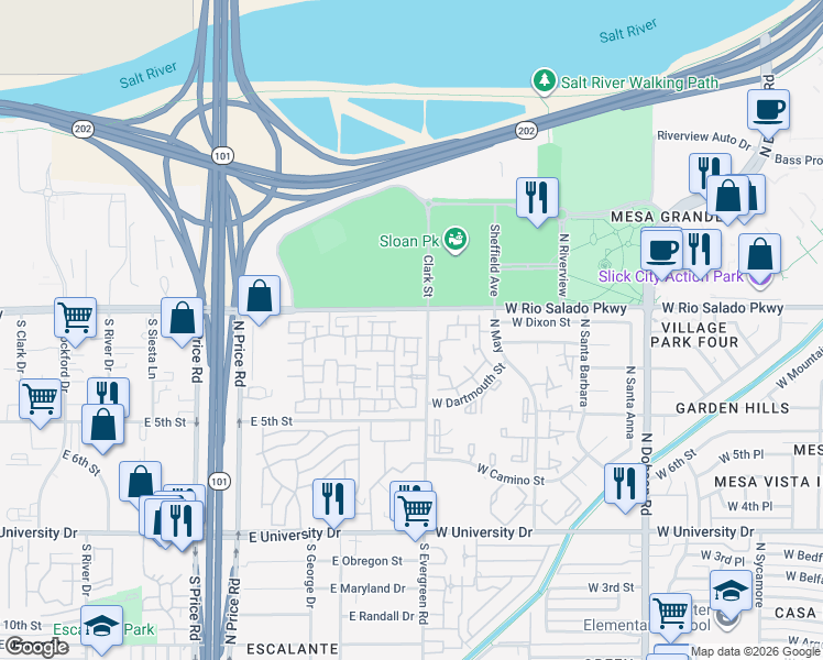 map of restaurants, bars, coffee shops, grocery stores, and more near West Rio Salado Parkway in Mesa